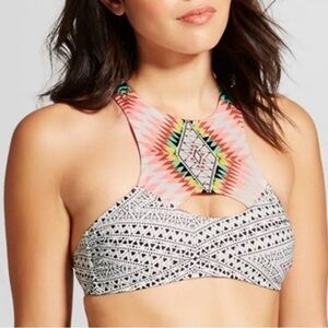 Kilim Design Cut Out High Neck Halter Top Back Tie Bikini Swimwear